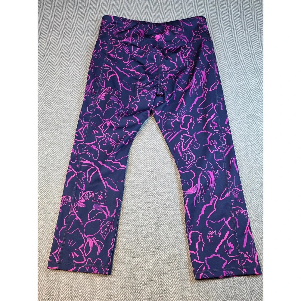 Avia Womens Navy Pink Floral High Waisted Capri Leggings Pockets Size M 8-10